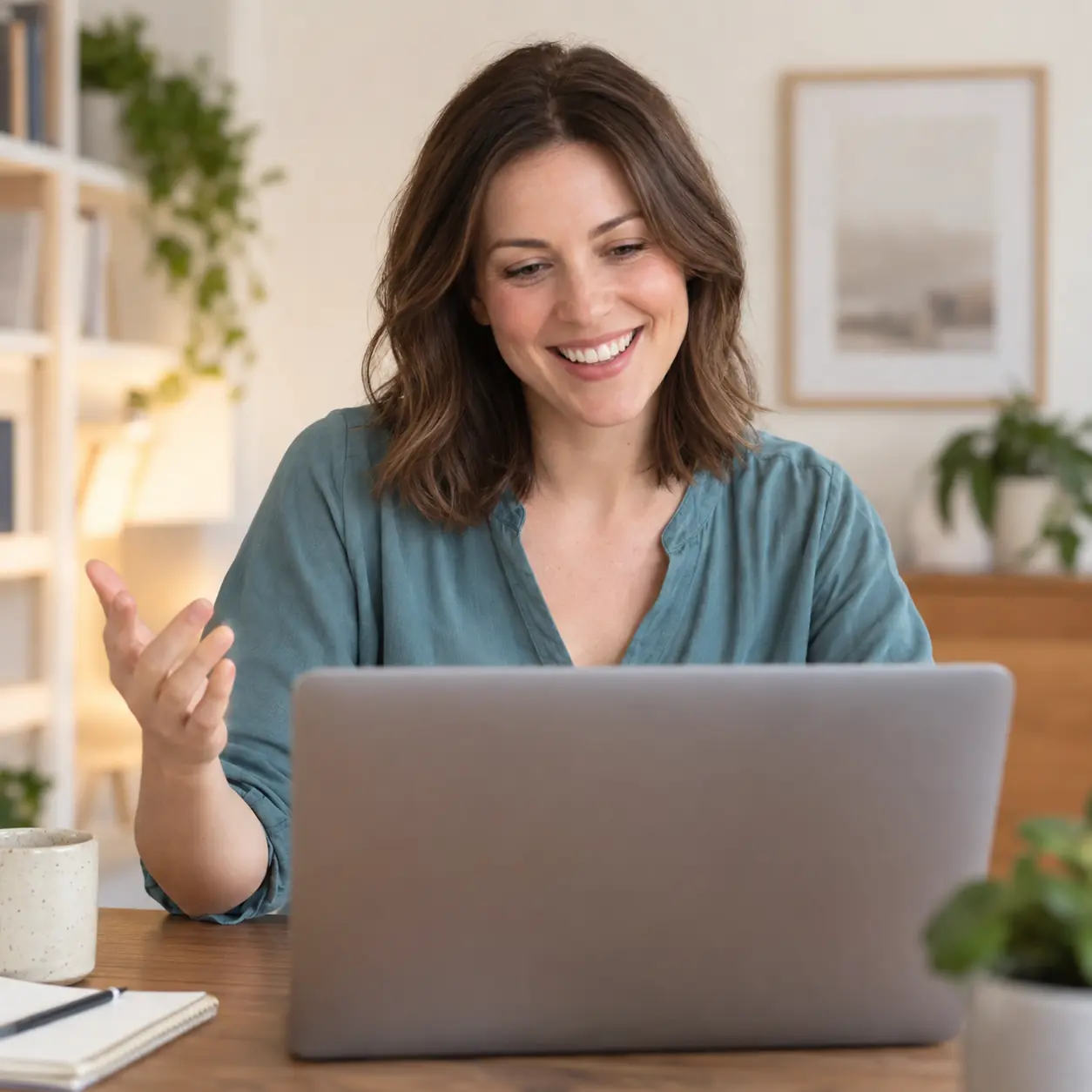 Una mujer aprendiendo con su laptop en un espacio luminoso